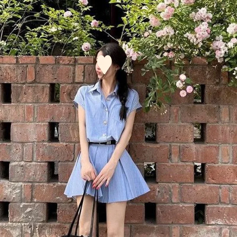 INS Summer Fashion Donna Polo sexy Mini abito camicia Abiti a maniche corte Camicia blu a righe Silm Coquette Abiti casual Y2k