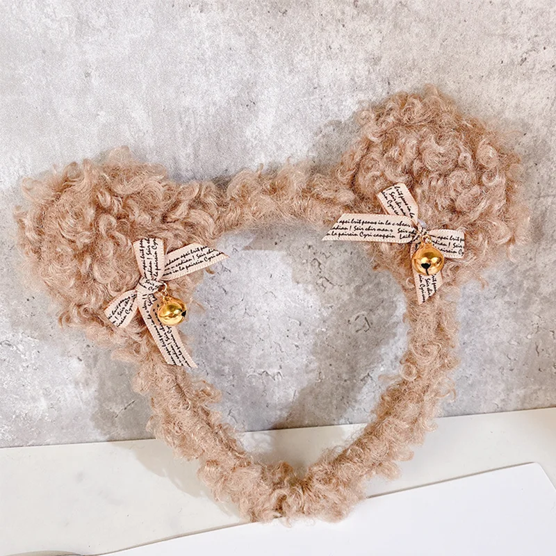 Cute Brown Bear Ears Plush Hair Bands For Women Girl Cartoon Hair Loop With Bell