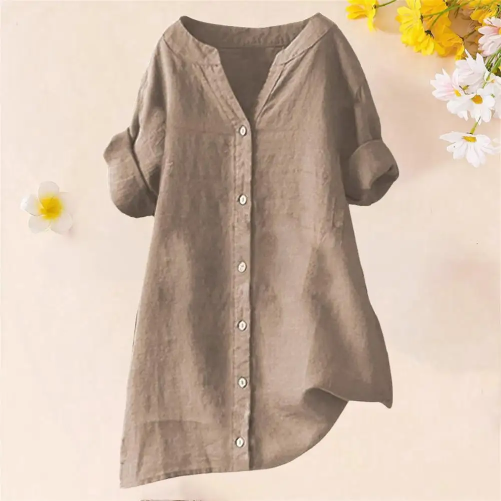 

Women Shirt V-neck Short Sleeve Buttons Placket Shirt Tops Solid Color Loose Fit Casual Blouse Daily Wear Blouse Женские Топы