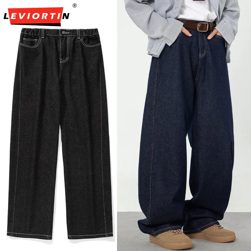 

Men's Vintage Straight Leg Jeans, Stitch Detail Seam Split Cut Loose Fit Casual Denim Pants Spring Trendy Streetwear Trousers
