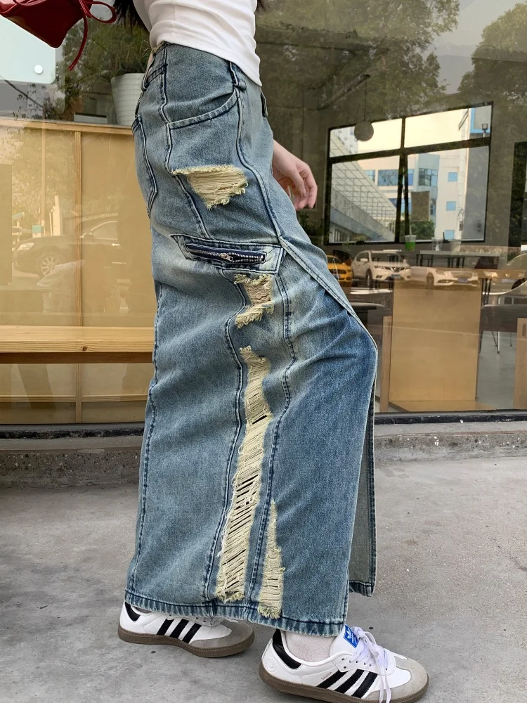 Gonna lunga in denim a sirena a tromba con foro lavato per donna Gonna slim a vita alta con nappe di media lunghezza