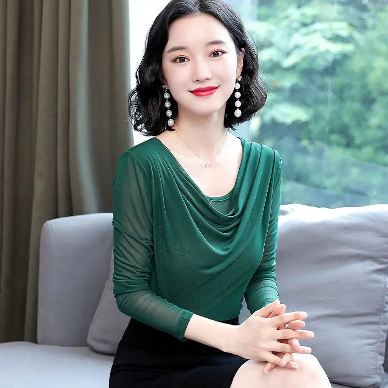 

Spring Autumn New Net Yarn Slim Bottoming Shirt Long Sleeve Pleated Solid Color Thin Tops Tees Vintage Office Women Clothing