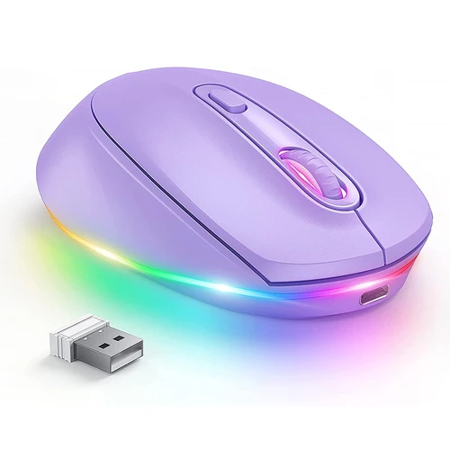 Ratón inalámbrico BOW Purple, ratón recargable para ordenador portátil, pequeños ratones inalámbricos, clic silencioso, luces LED de arcoíris para ordenador