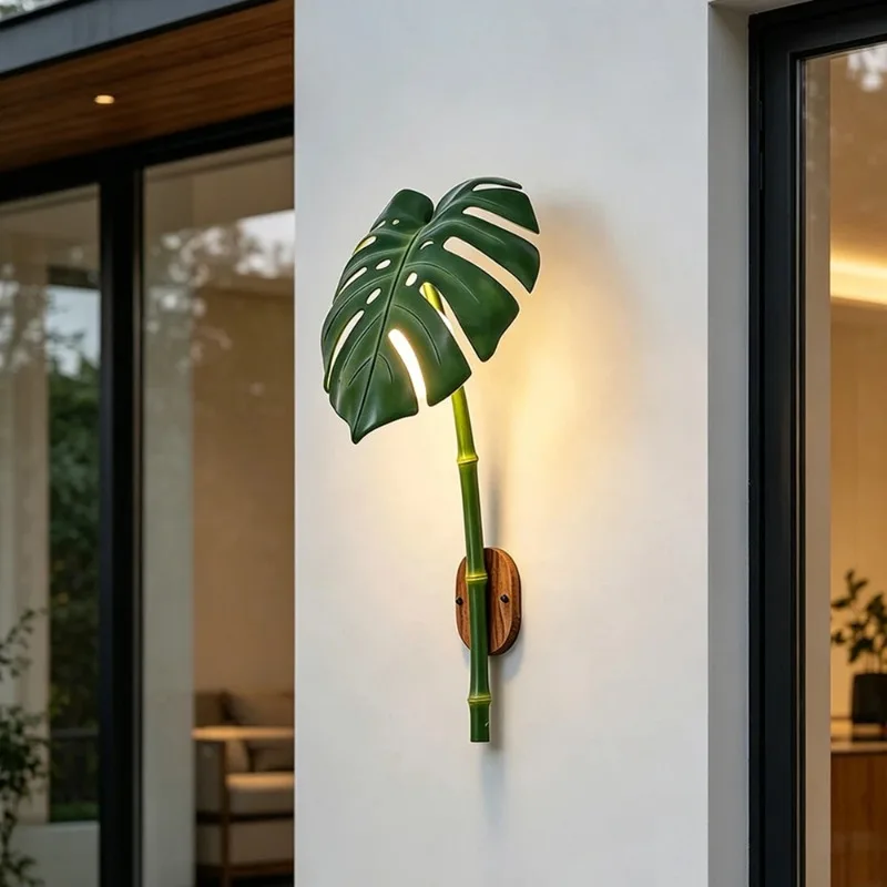 Waterproof Outdoor Wall Light Simulated  Bamboo Leaf Wall Lamp Garden Villa Porch Balcony Decorative LED Sconce