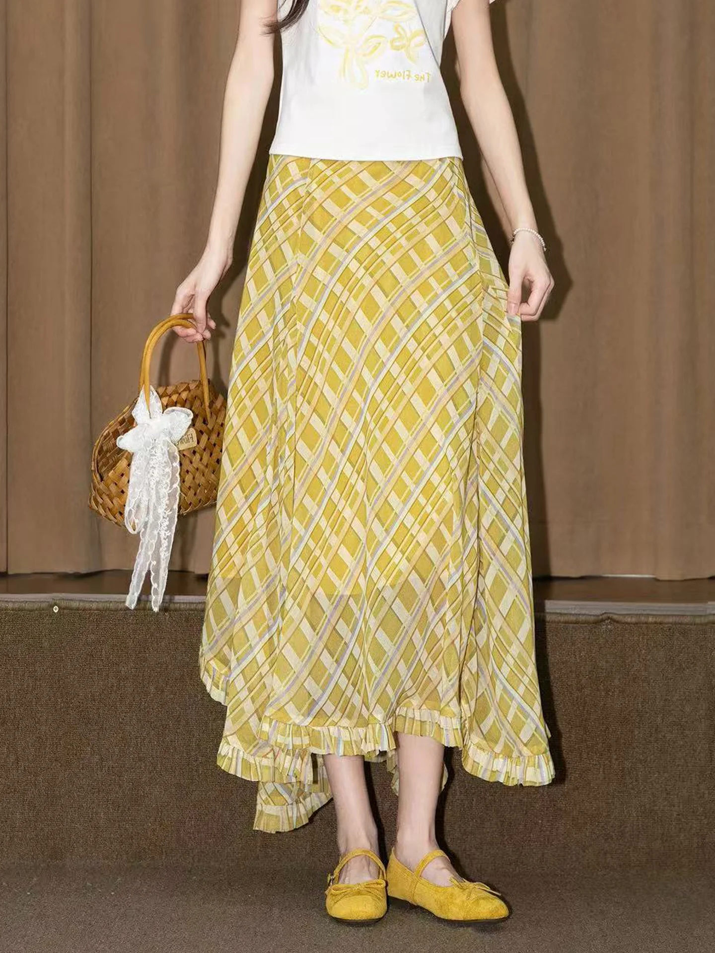 Yellow Plaid A-Line  Skirt Korean Style Loose Fit Slimming Summer New Arrival High Waist Half-length Skirts for Women