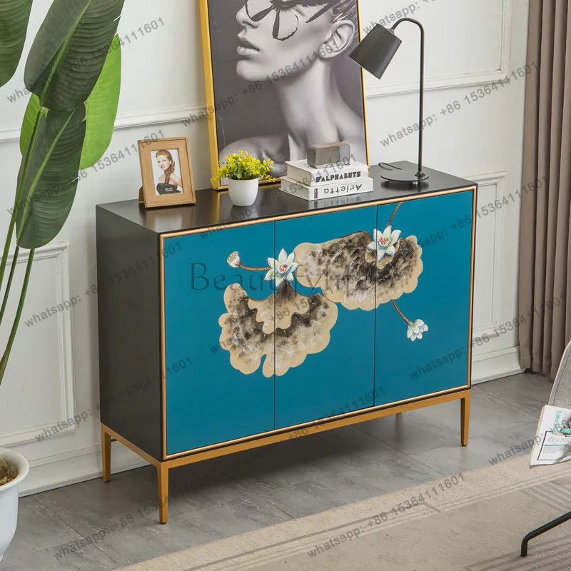 American solid wood shoe cabinet household door porch handmade lotus painted locker