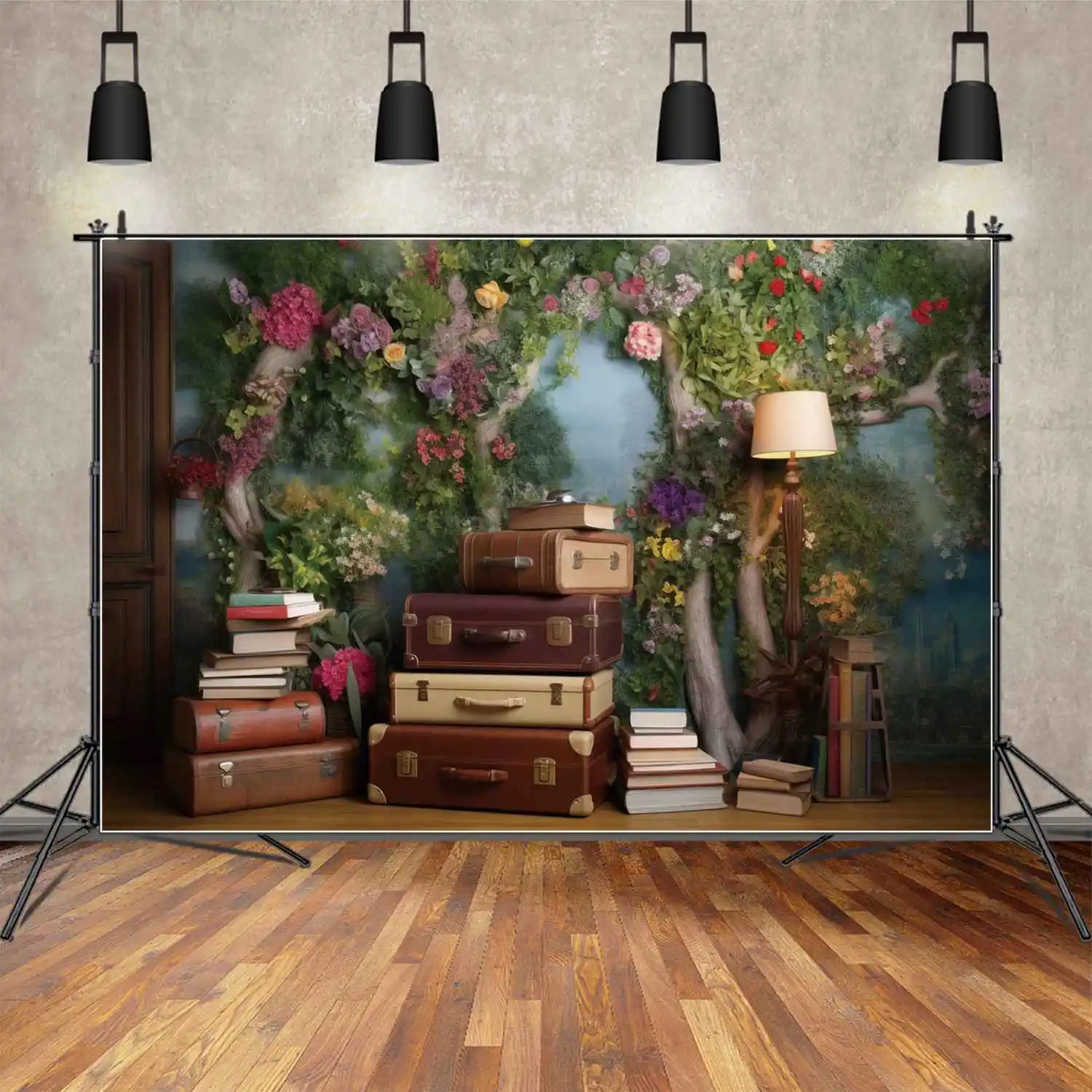 MOON.QG Backdrop Graduation Decoration Luggage Books Floral 3D Green Tree Background Customized Student Party Wall Photo Booth