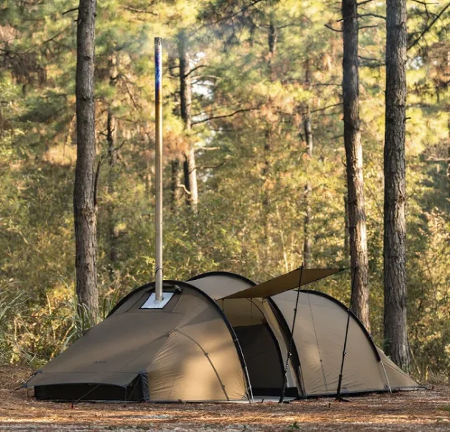 

3-4 Person 4 Season Waterproof Nylon Fabric Family Outdoor Camping Tunnel Tent With Stove Jack