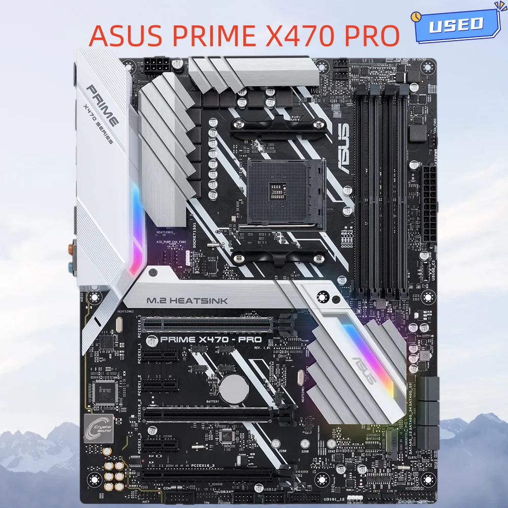 ASUS PRIME X470 PRO motherboard, AM4 interface, supports Ryzen 1-5 generations, DDR4 memory, dual M.2, PCIe 3.0