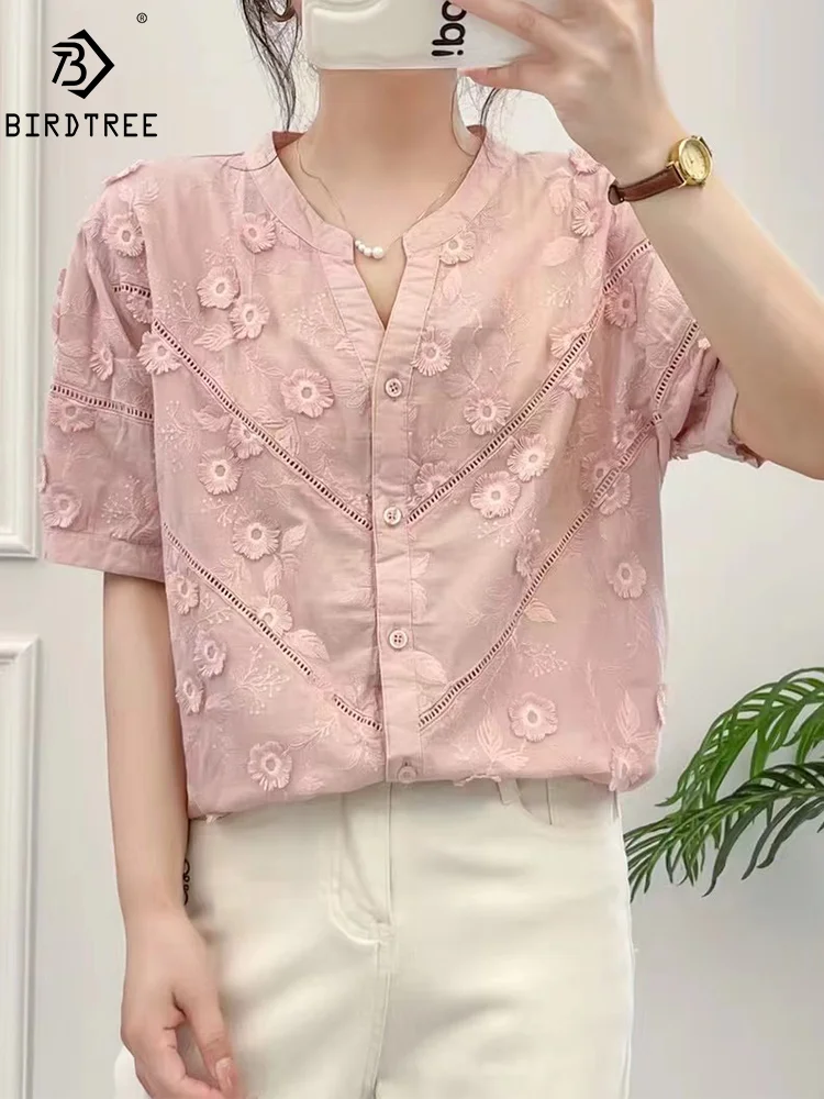 New Spring Cotton Shirts Embroidery Women Short Sleeve Floral Single Breasted Tops Girl Loose Blouses 2024 Summer T44375QM