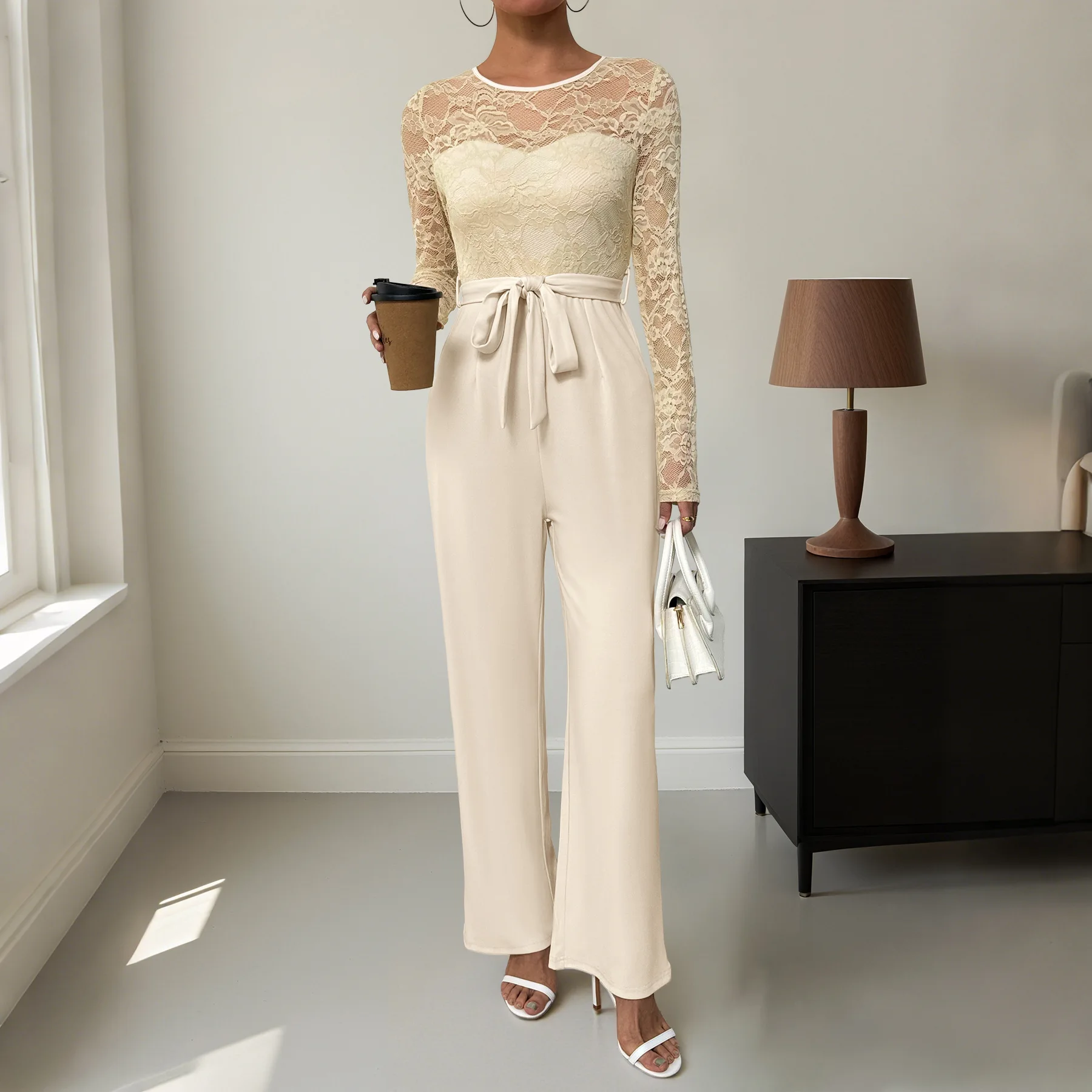 Mono de mujer con cordones y pantalón largo con encaje, elegante, enterizo para mujer