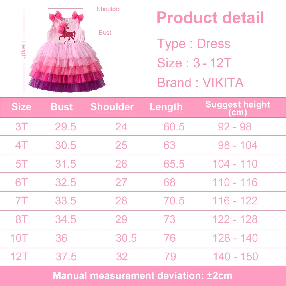 VIKITA Kids Mesh Tulle Tutu Layered Princess Birthday Party Prom Gown Dress Girls Unicorn Cartoon Summer Sleeveless Dresses