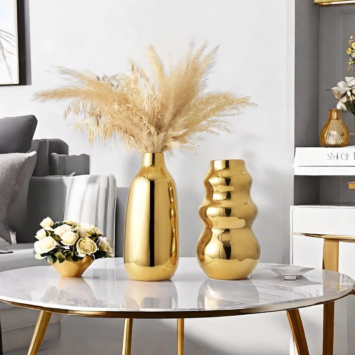 Modern Electroplating Gold Ceramic Vase Living Room Flower Arrangement Ornaments Modern Irregular Art Hydroponic Vase Decoration