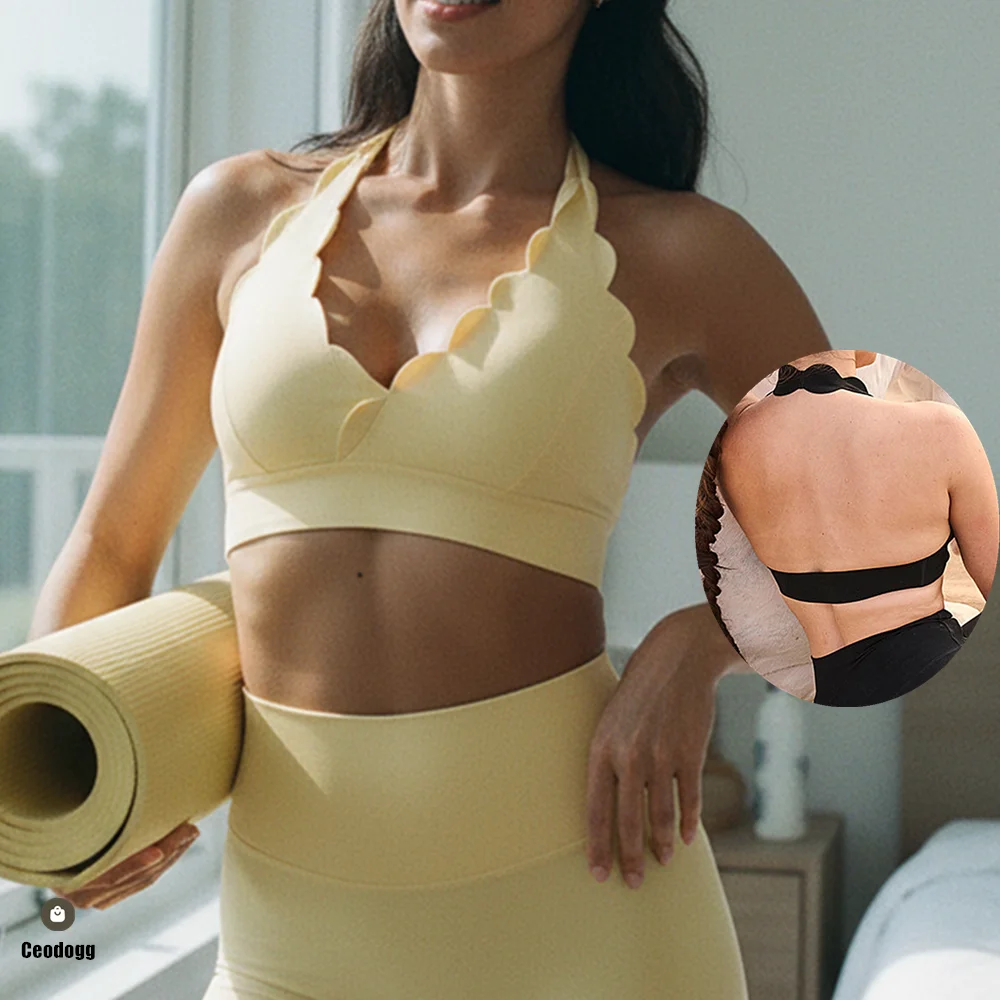 

Halter Women Sports Bras Quick Dry Fitness Square Neck Scalloped Trim Back Cross Straps Built-In Bras Yoga Gym Crop Tops XP52