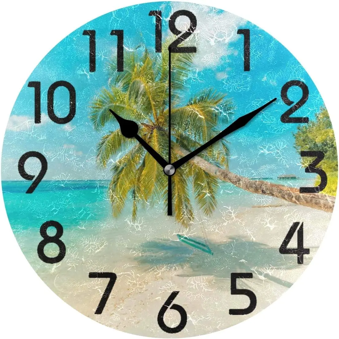 3D Fresh Tropical Summer Beach Palm Tree Print Round Wall Clock Decorative, 9.5 Inch Battery Operated Quartz Analog Quiet