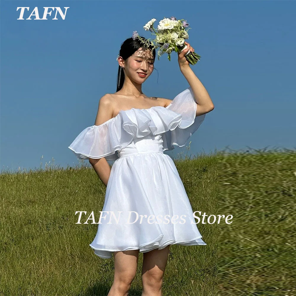 TAFN Off the Shoulder Ruffle Short Wedding Reception Dresses Bridal Gown A-line Simple Lovely Evening Party Dresses Photo Shoot