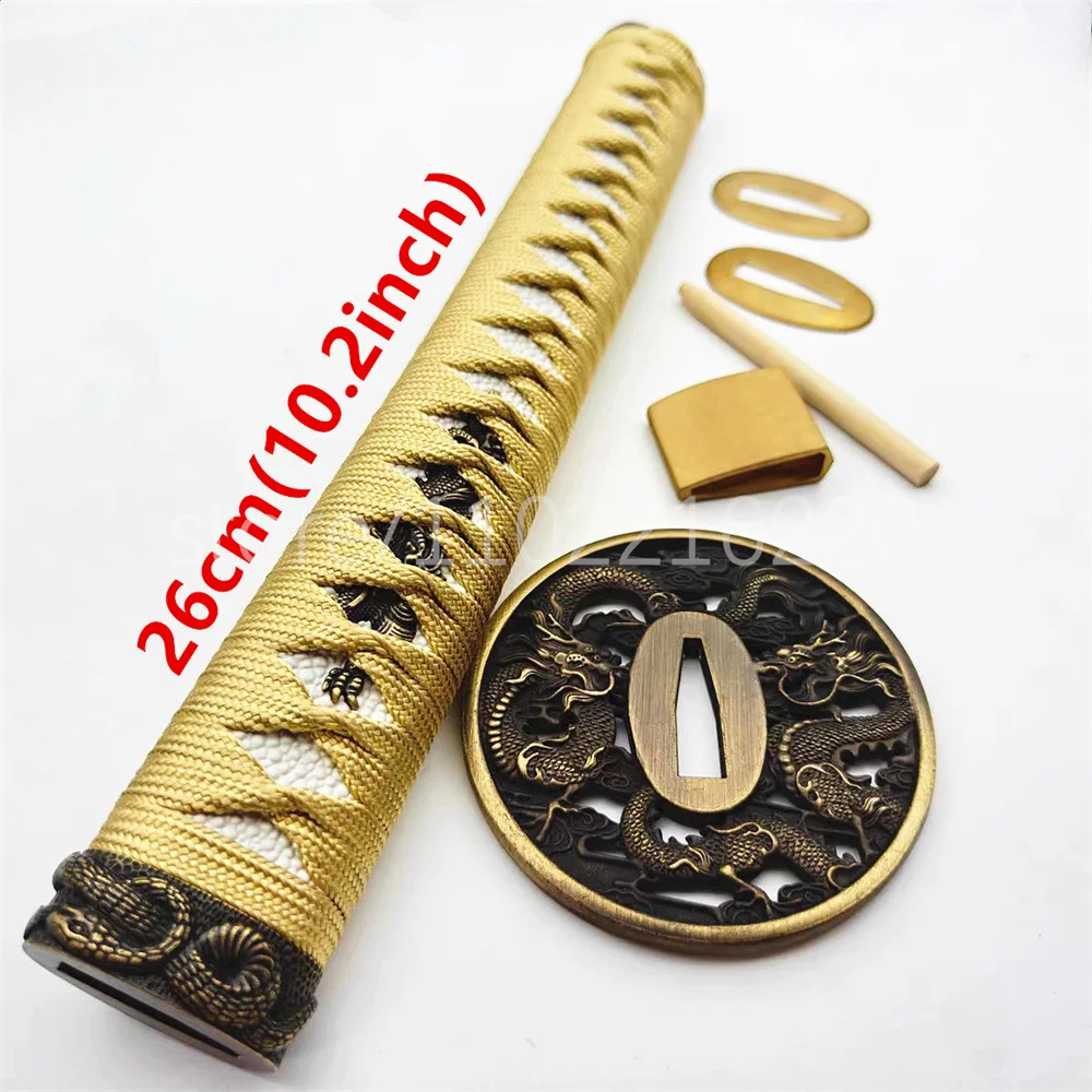 Very Nice Gold Japan Sword Parts 26cm Tsuka Handle Alloy Tsuba Handguard Brass Habaki Seppa For Japanese Samurai Katana Fitting