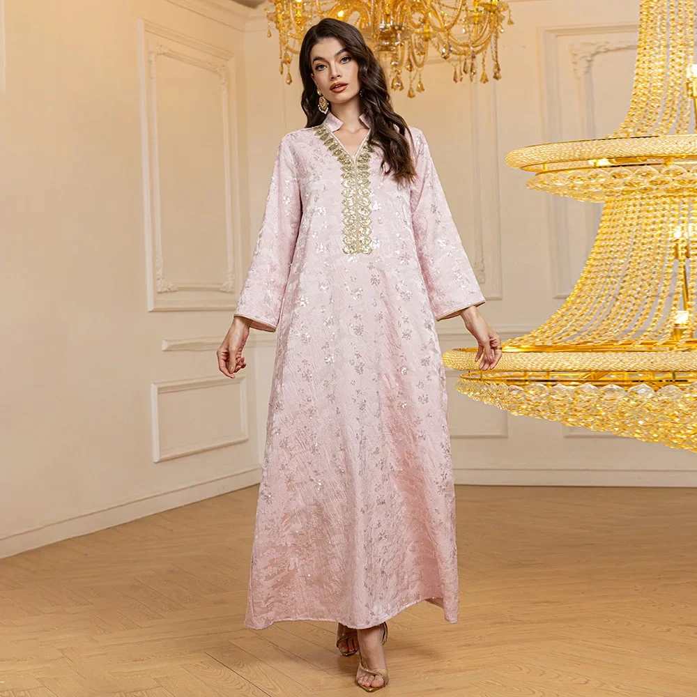 Muslim Women's Robe Abaya From Dubai, Saudi Arabia. A Light Luxury Dress Gown with Jacquard and Sequins From The Middle East.