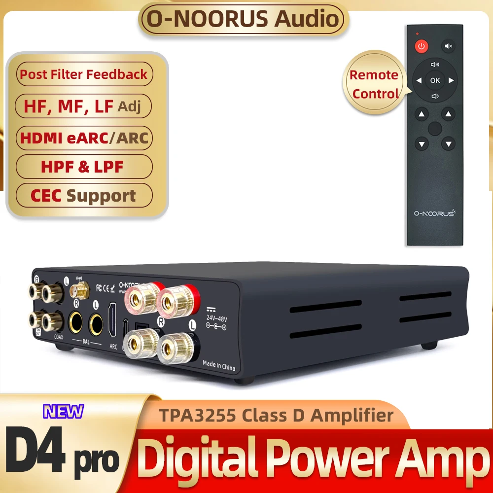 O-NOORUS D4 PRO TPA3255 PFFB Stereo High-pass Filter and Low-pass Filter Amplifier with Balance HDMI EARC/ARC Bluetooth USB Opti