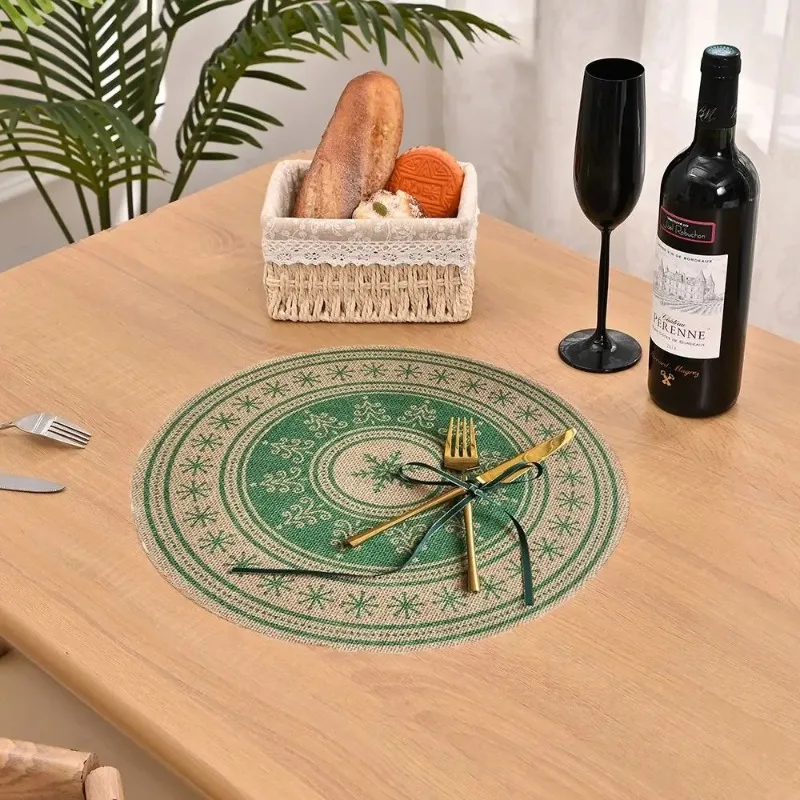 Christmas Series Jute Placemat Round Retro Decorative Mat Red Green Woven Heat Insulation Pad for Xmas Table Decoration