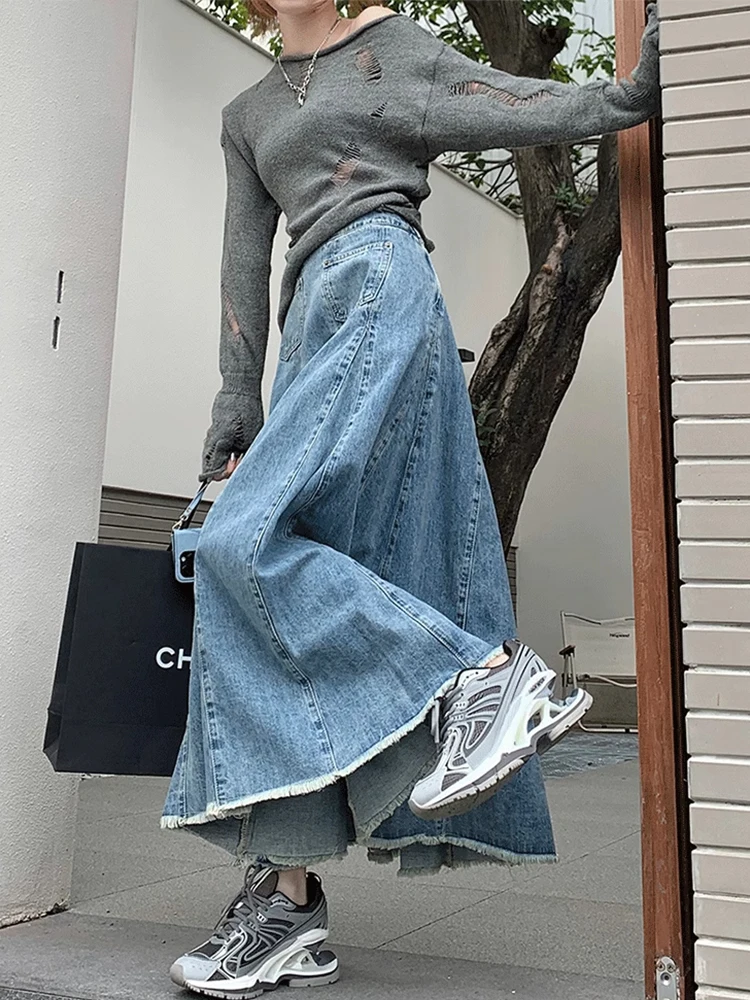 حجم كبير 2XL-6XL ريترو الأزرق المرأة الصيف كبير سوينغ الدنيم تنورة موضة عالية الخصر ألف خط التنانير الكورية فضفاضة ومتعددة الاستخدامات