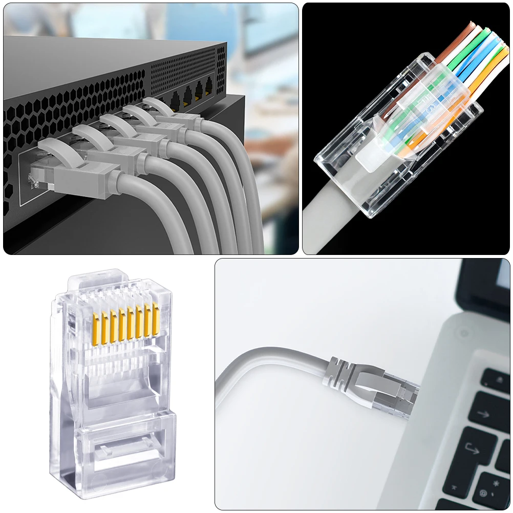 

100pcs Connector Ethernet Cable End Cat 5E Network Cable Replacement Durable Bend Resistant Reinforced Clip High
