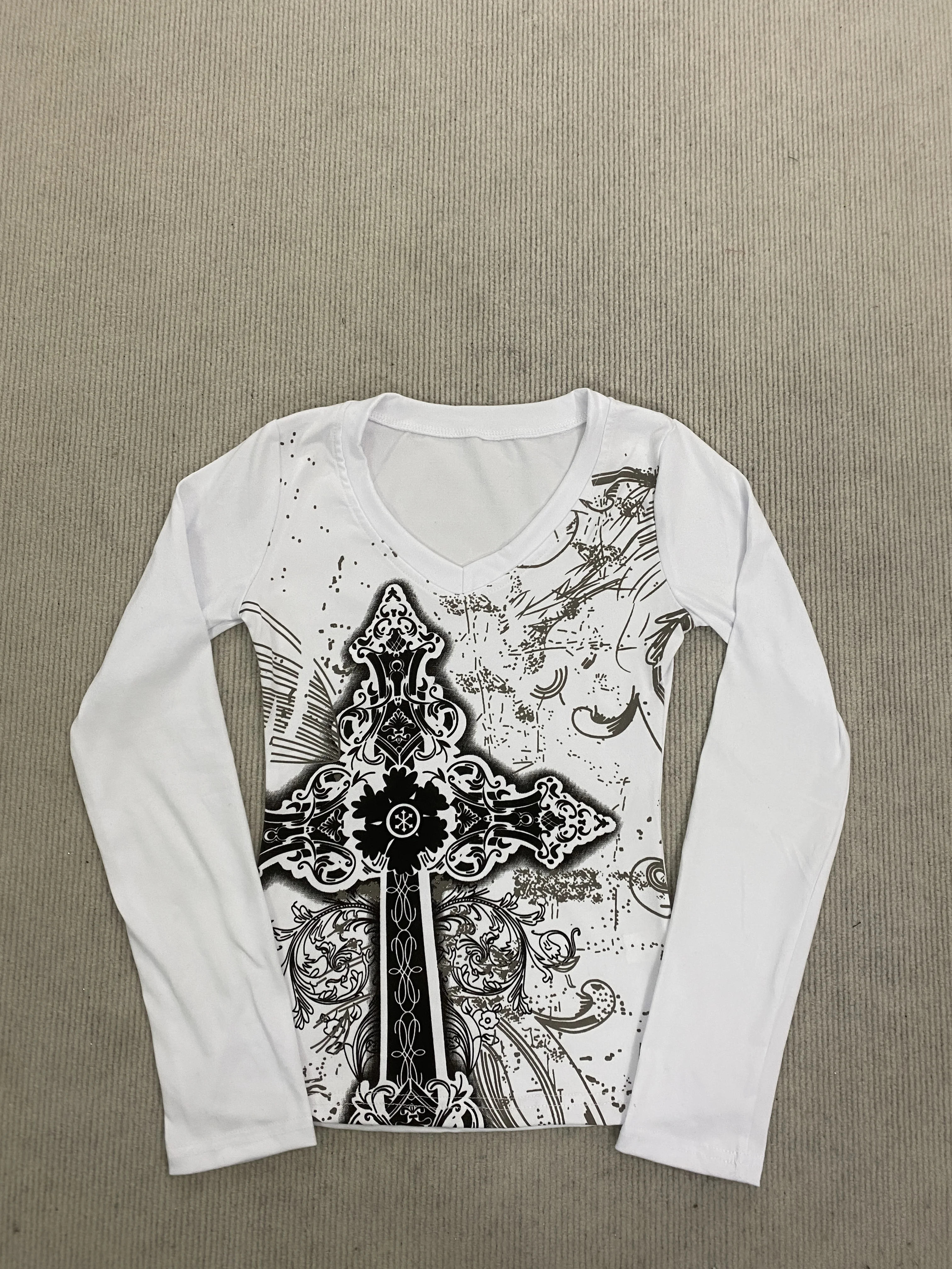 Gothic Retro Y2K Damen-T-Shirt mit Rundhalsausschnitt und langen Ärmeln, dunkler High-Street-Spice-Girl-Stil, tailliert, Herbstmode – Detail 8