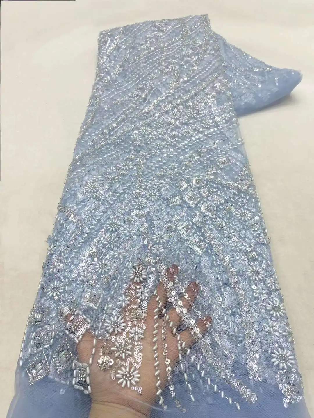 2024 Nigerian  Beaded Tulle 5 Yards Lace Fabric African Luxury Sequins Pearls Mesh Fabric For Bridal Prom Dress