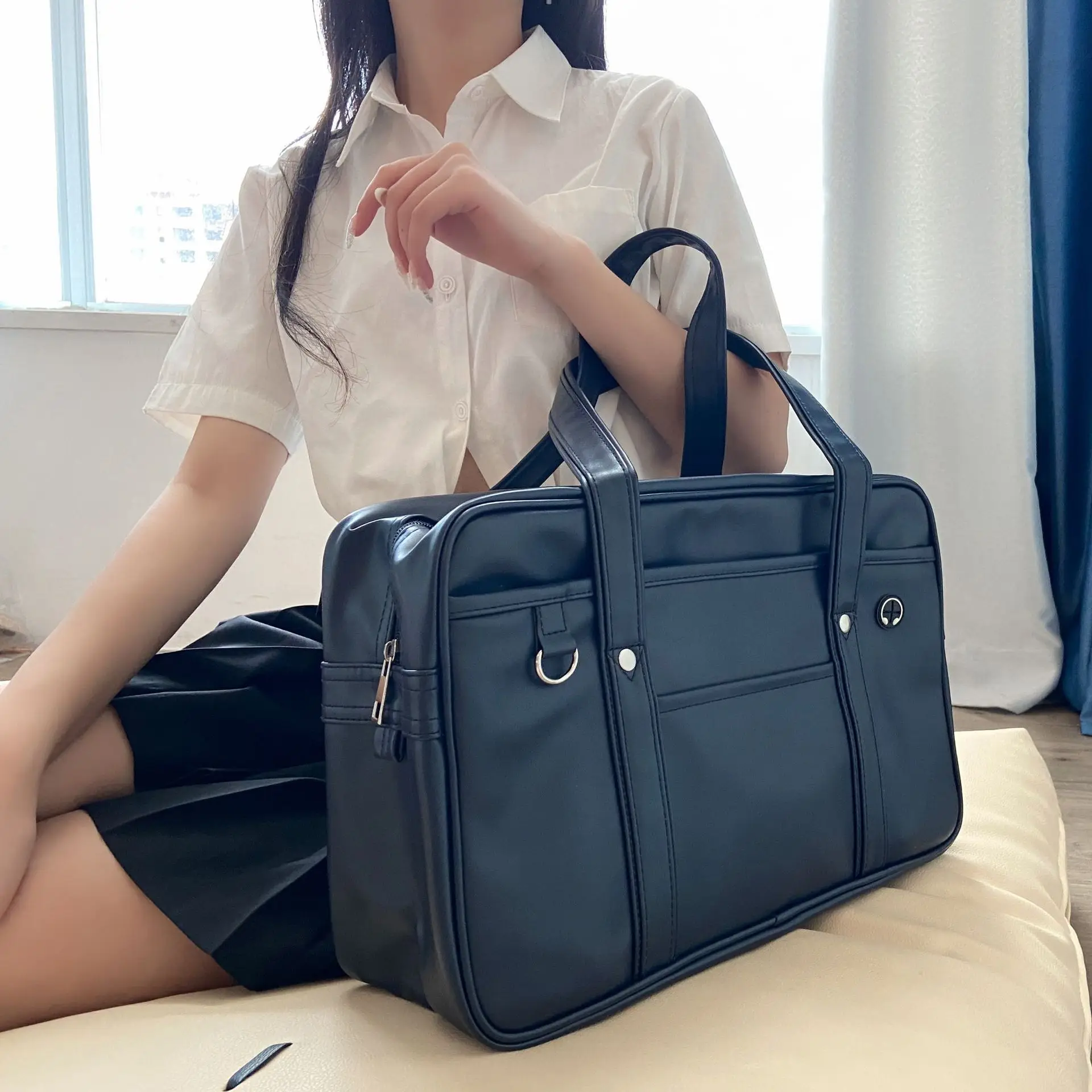 Japanese Handbags Students Handheld School Bag Soft PU Leather Uniform Shoulder Bag Large Capacity Waterproof Commuting Tote Bag