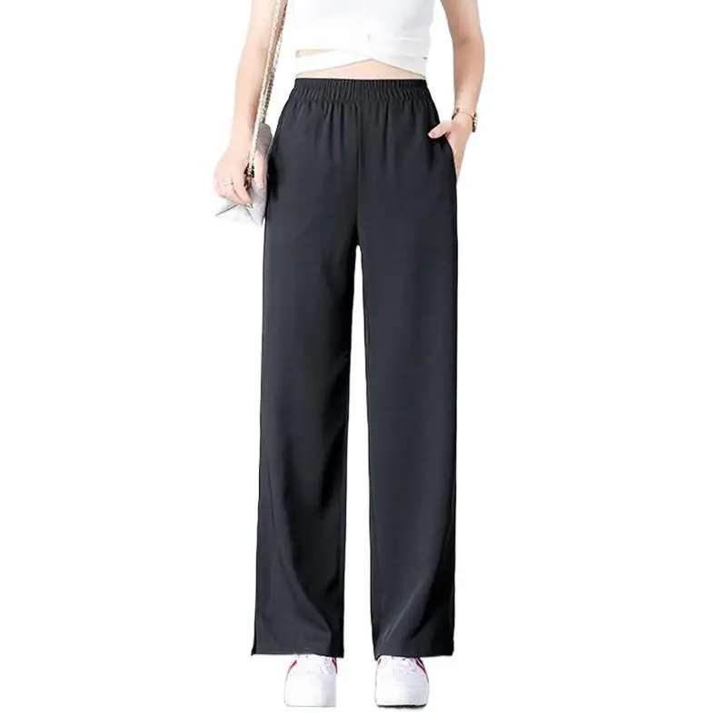 

2024 Summer Women's Long Pants Chiffon Slim Elastic Waist Wide Leg Pants New Fashion Casual Solid Trousers Loose Split Pants