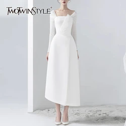 TWOTWINSTYLE Solid Formal Spliced Folds Dress For Women Square Collar Long Sleeve High Waist Minimalist Dresses Female KDR507417