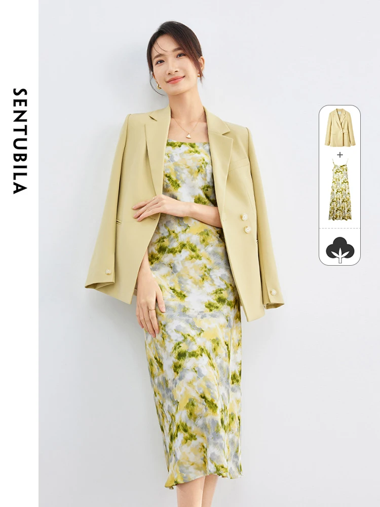 SENTUBILA Floral Printed Dress Blazer Set Women 2 Pieces Outfits 2024 Spring Autumn Elegant Dress Suits Matching Sets 141Z53074