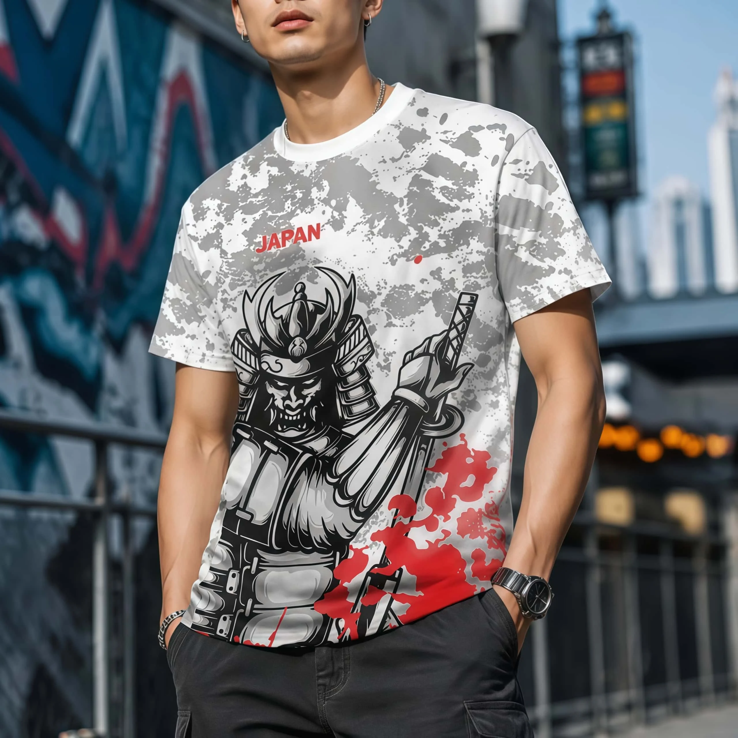 Japanese Samurai Text Splashed Ink Print Round Neck Short Sleeved T-shirt Retro and Stylish Plus Size Loose Short Sleeved Shirt