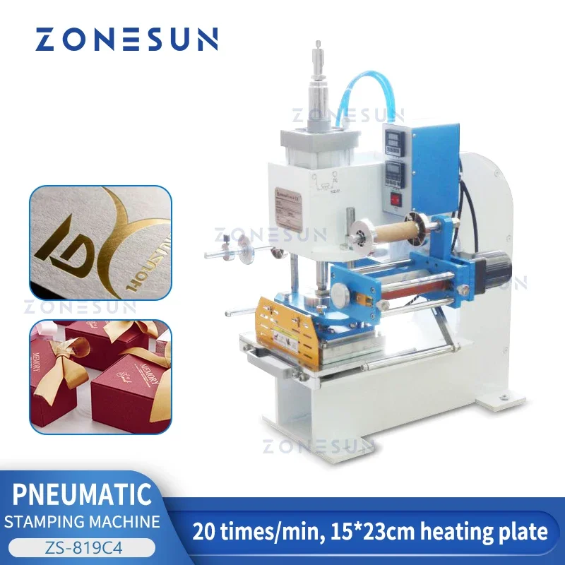 ZONESUN Pneumatic Stamping Machine Hot Foil Stamping Heat Press Leather Embossing Bronzing Machine for Wood PVC Card ZS-819C4