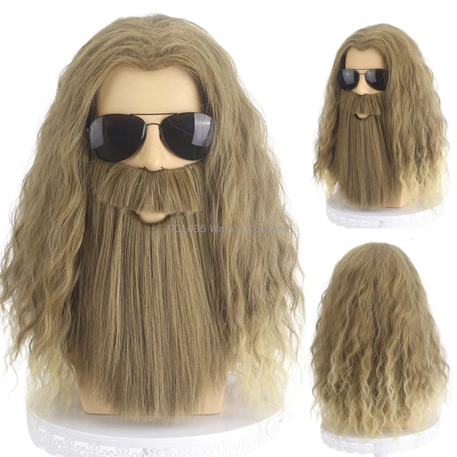 40cm Camel Synthetic Hair Wavy Long Thor Odinson Cosplay Wig With Beard for Halloween Thanksgiving Day Christmas School