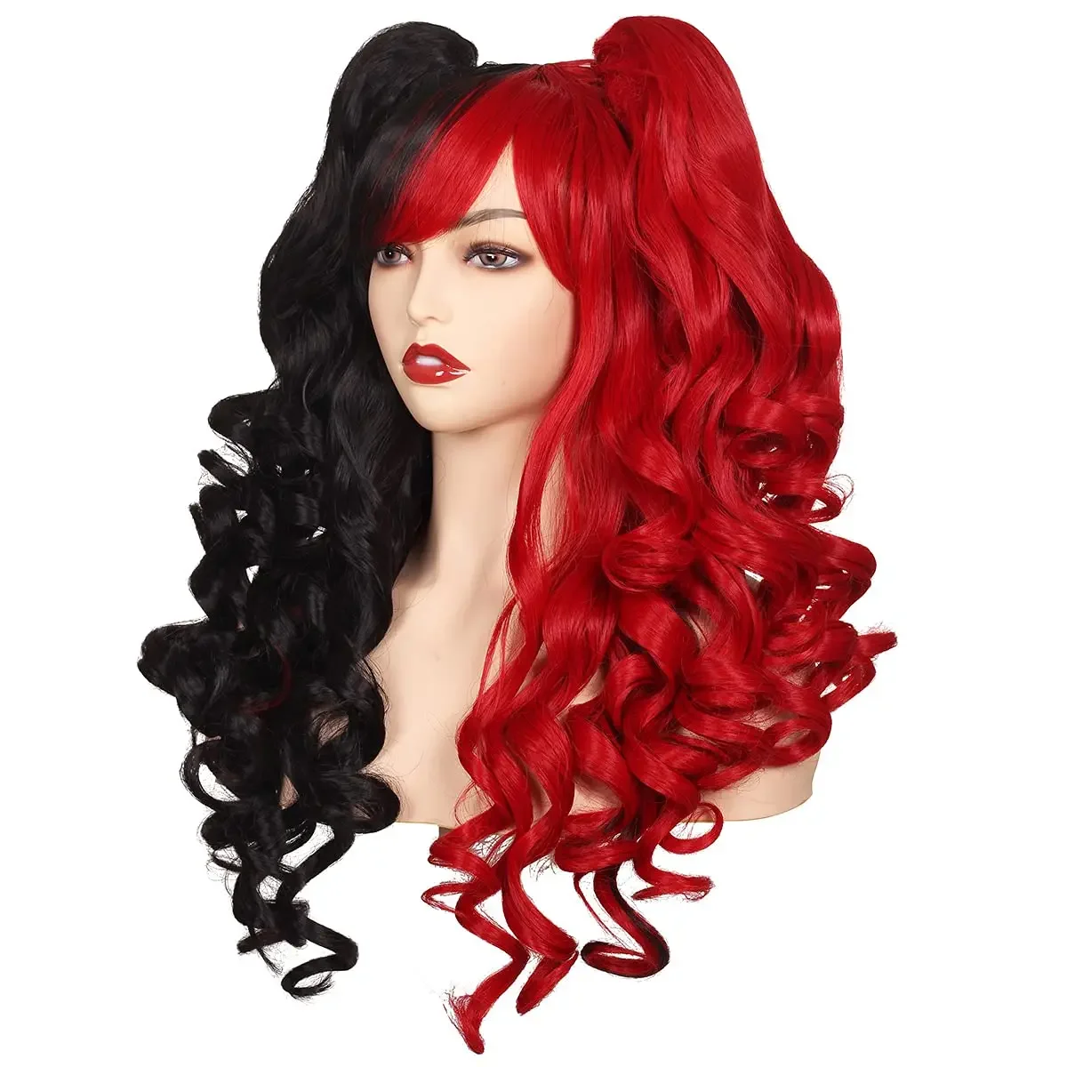 Kyo-Perruque Cosplay Longue Bouclée avec 2 Queues de Cheval pour Femme, Cheveux Moitié Noirs et Moitié Rouges pour Harley Quinn