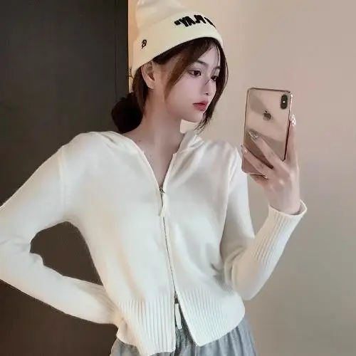 Age Reducing Explosive Street Hoodie Women\'s Knitted Cardigan High-end Gray Design Short High Waisted Sweater Small Stature