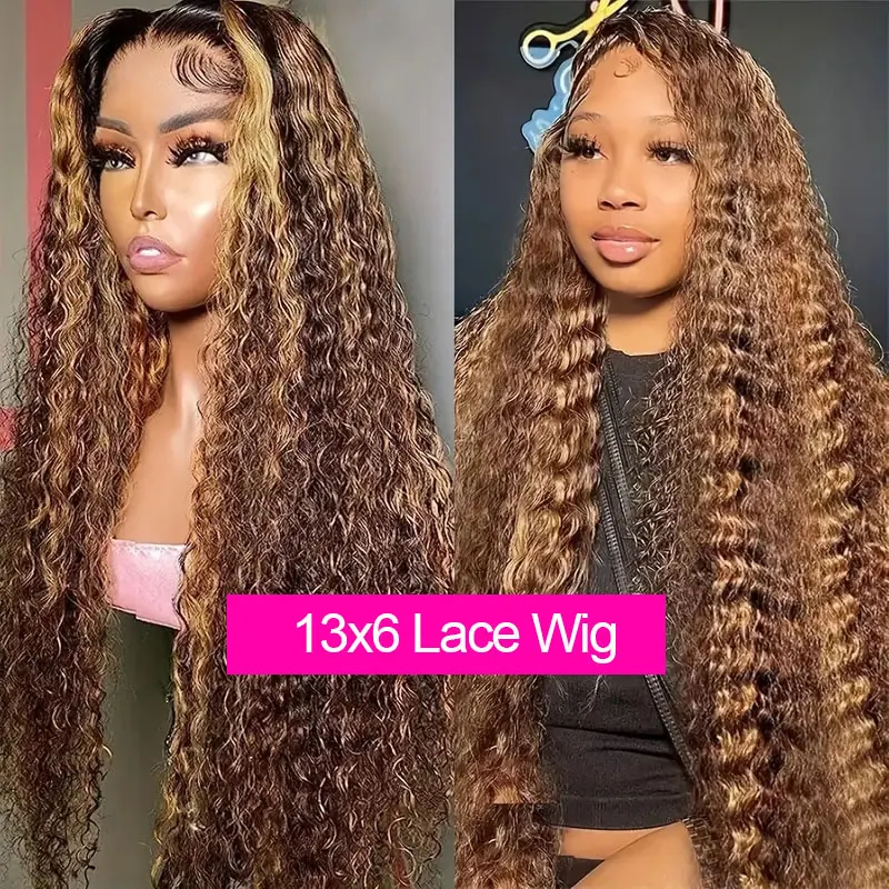 30 Inch Water Wave Highlight Wig 4/27 Ombre Human Hair 13x6 HD Lace Front 250% Density Natural Hairline Pre-Plucked Curly Wigs
