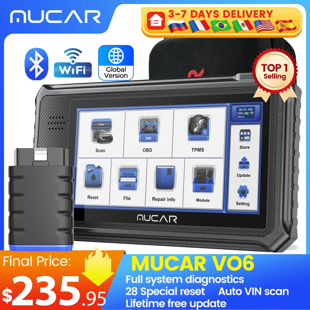 글로벌 버전 MUCAR VO6 OBD2 스캐너 모든 시스템 진단 28 재설정 자동 VIN/IMMO/EPB/BMS/SAS/ABS/TPMS 서비스 평생 무료 업데이트 32GB 