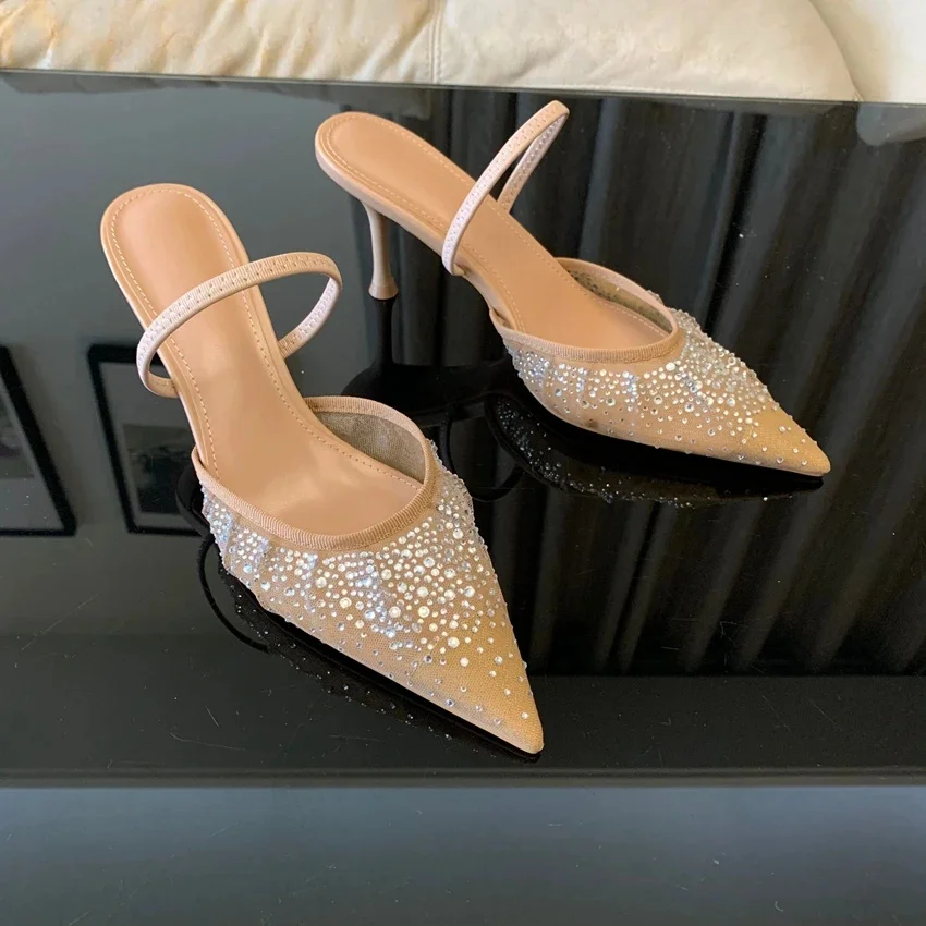 TRAF-sandalias con lentejuelas para mujer, zapatos de tacón con malla y diamantes de imitación, elegantes y puntiagudos, para fiesta, verano, 2024