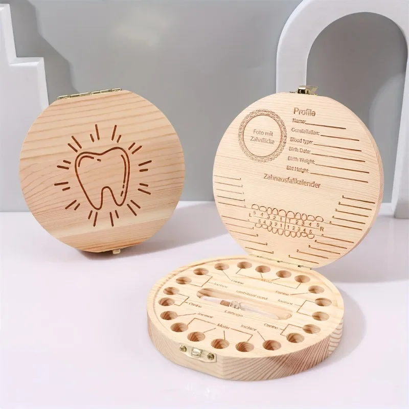 Round English Germany Wooden Baby Tooth Box Boy Girl Organizer Milk Teeth Storage Collect Teeth Umbilica Save For Newborn Gifts