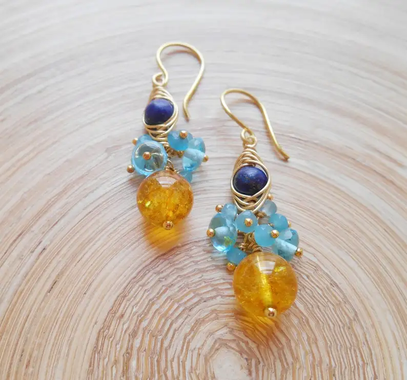 Roxanne الأحجار الكريمة العنقودية أقراط الأصفر الأزرق الداكن سلك التفاف استرخى قطرة سيترين اللازورد اليشم الذهب ملء نوفمبر