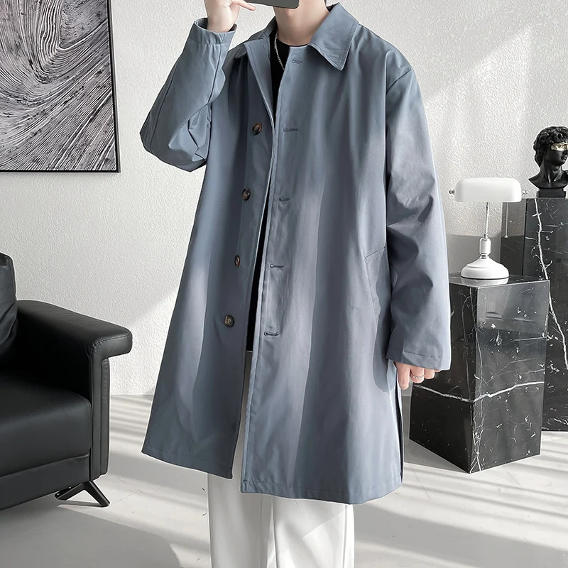

Men Korean Windbreaker Men Turn-Down Collar Mid-Length Overcoat Male Brand Casual Trench Loose Jacket High Street Men Clothing