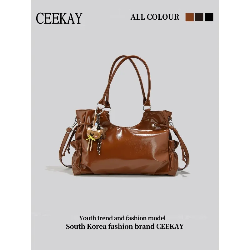 

2026 New CEEKAY Glossy Tote Bag, Vintage Leather Handbag with Drawstring Side Pocket, Casual Commute Shoulder Bag for Women