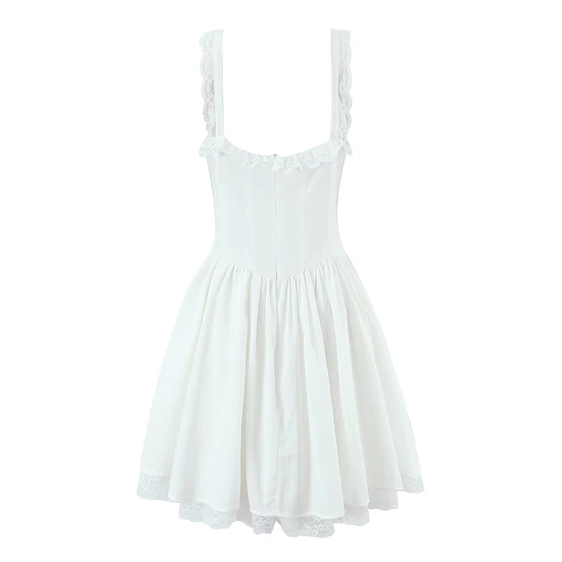 Yenkye 2025 feminino renda emendada algodão branco mini vestido sexy cintura baixa sem mangas a linha férias vestidos de verão festa robe
