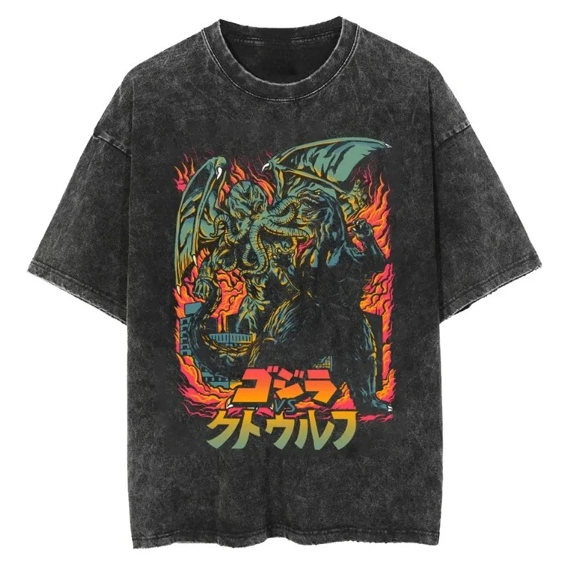 Godzilla 2026 New Hot T-Shirt Godzilla Monster Washed Old Cotton Vintage Loose T-Shirt Y2k Men T-shirt Short Sleeve Shirts