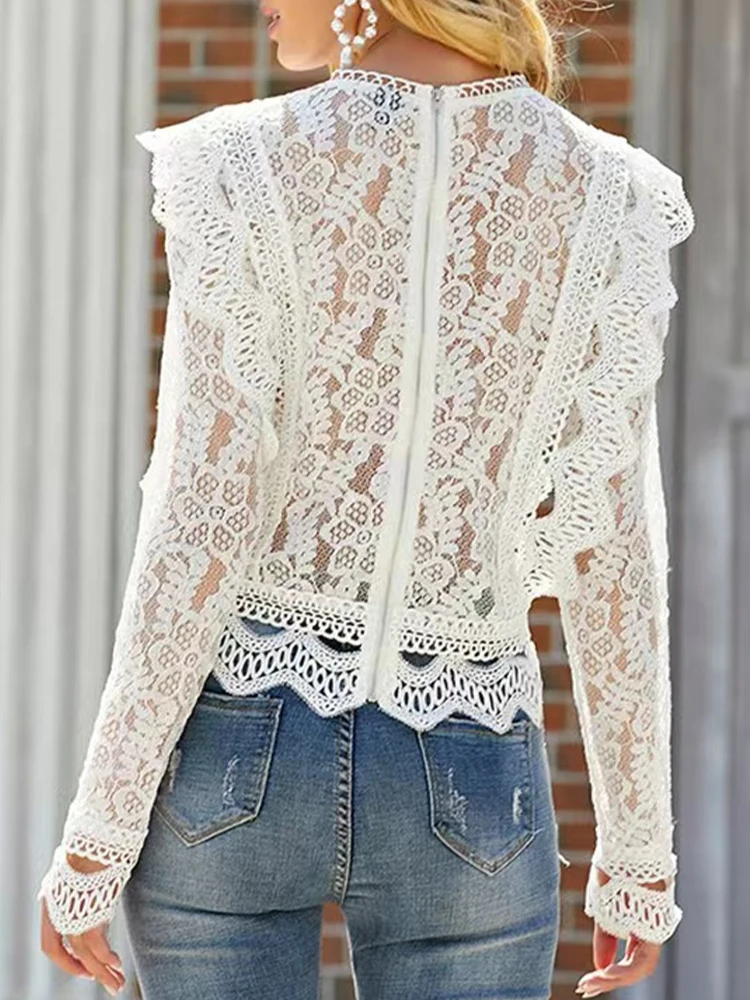 Elegant Fashion Lace Blouses Tops Women Summer Long Sleeve Hollow Out Floral Lace Crop Top Sweet High Street Office Ladies Shirt