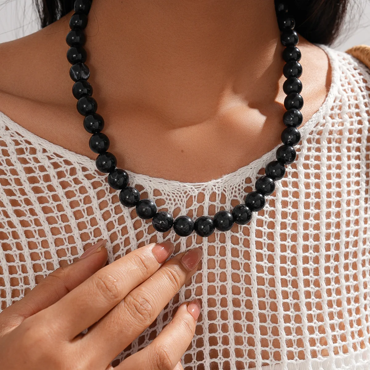 Women's Retro Elastic Round Bead Chokers & Bracelets Set