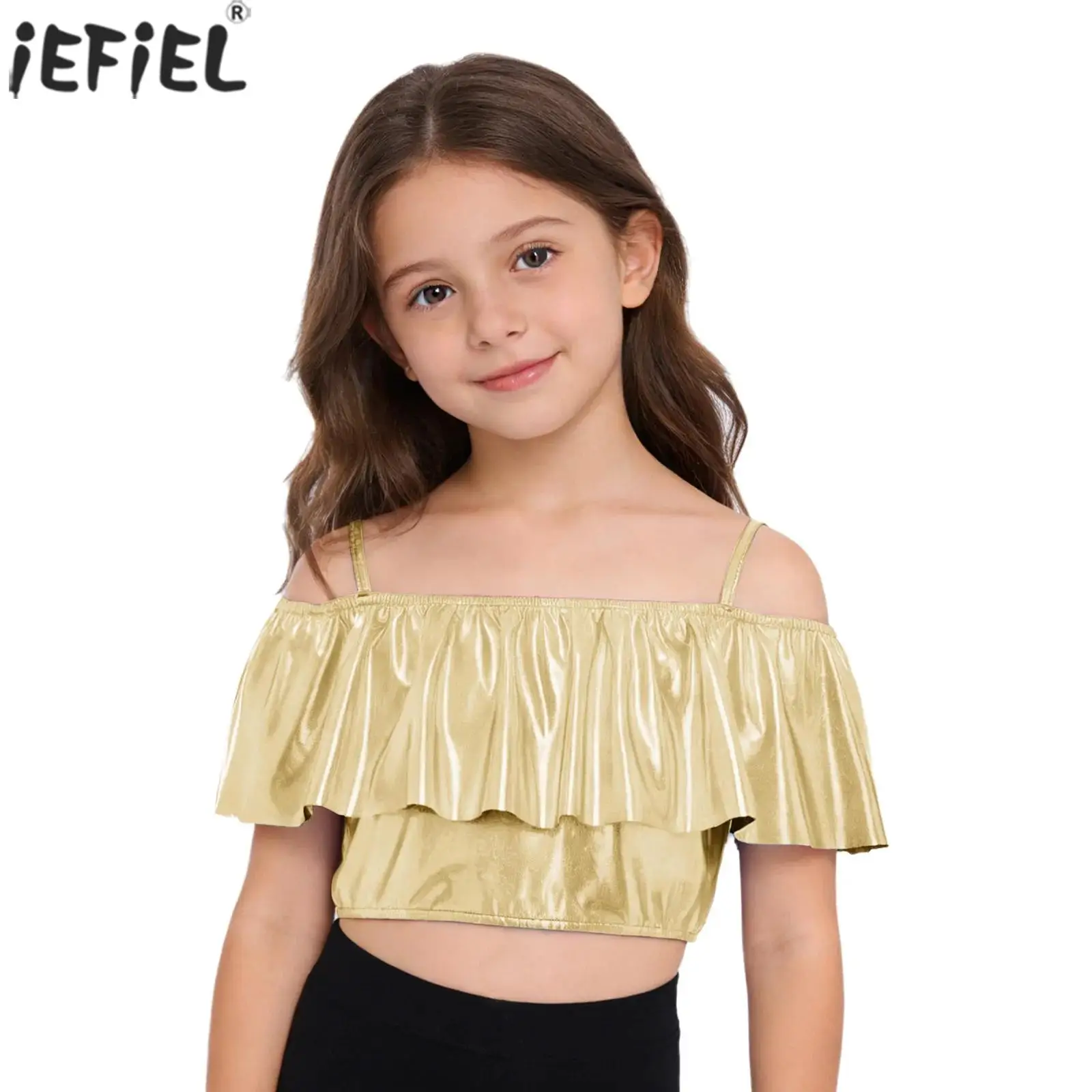Kids Girls Metallic Jazz Dance Crop Top Off Shoulder Spaghetti Straps Ruffles Tops for Hip Hop Dancing Cheerleading Performance