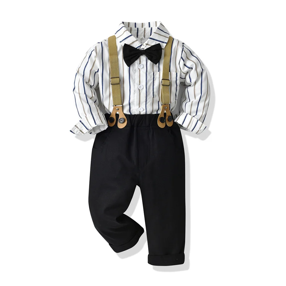 Baby Clothes Set Kids Clothes Boys British Gentlemen Suits Stripes Shirt with Suspender Pants Bowtie Formal Children's Clothing